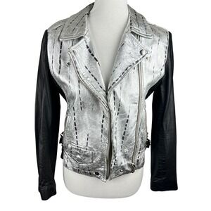 OAK Leather Moto Jacket Silver Metallic & Black Biker Edgy Streetwear Size Small